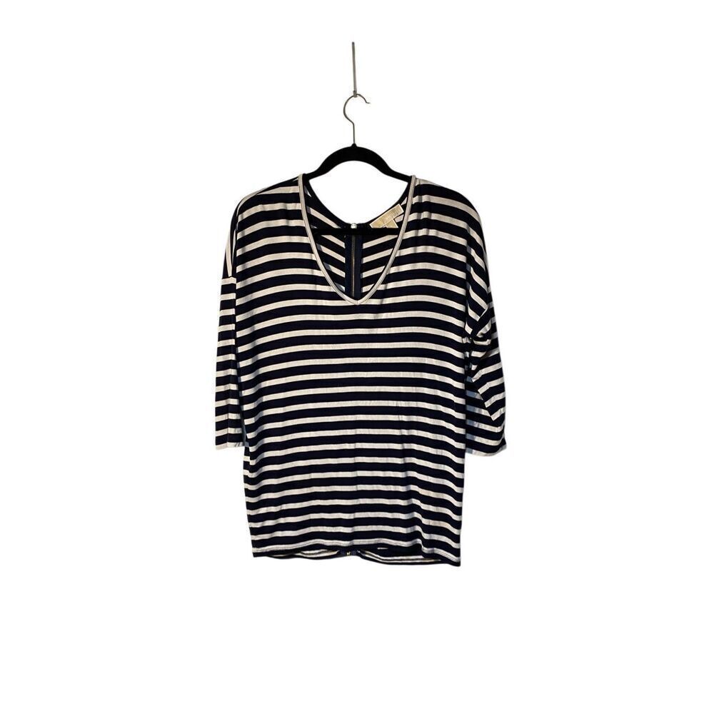 Michael Kors, blue and white striped 3/4 sleeve, V-neck top size small